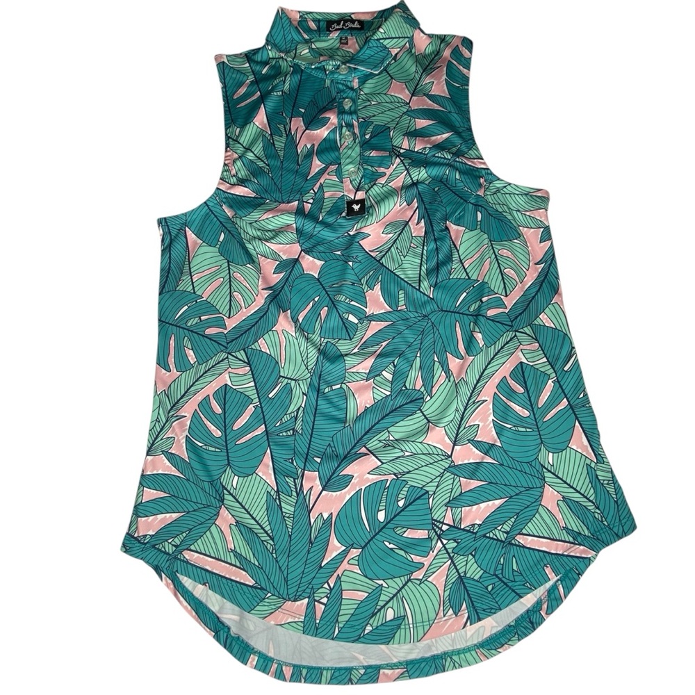 Bad Birdie Sleeveless shirt Sz M Bora Bora Green palm leaf print